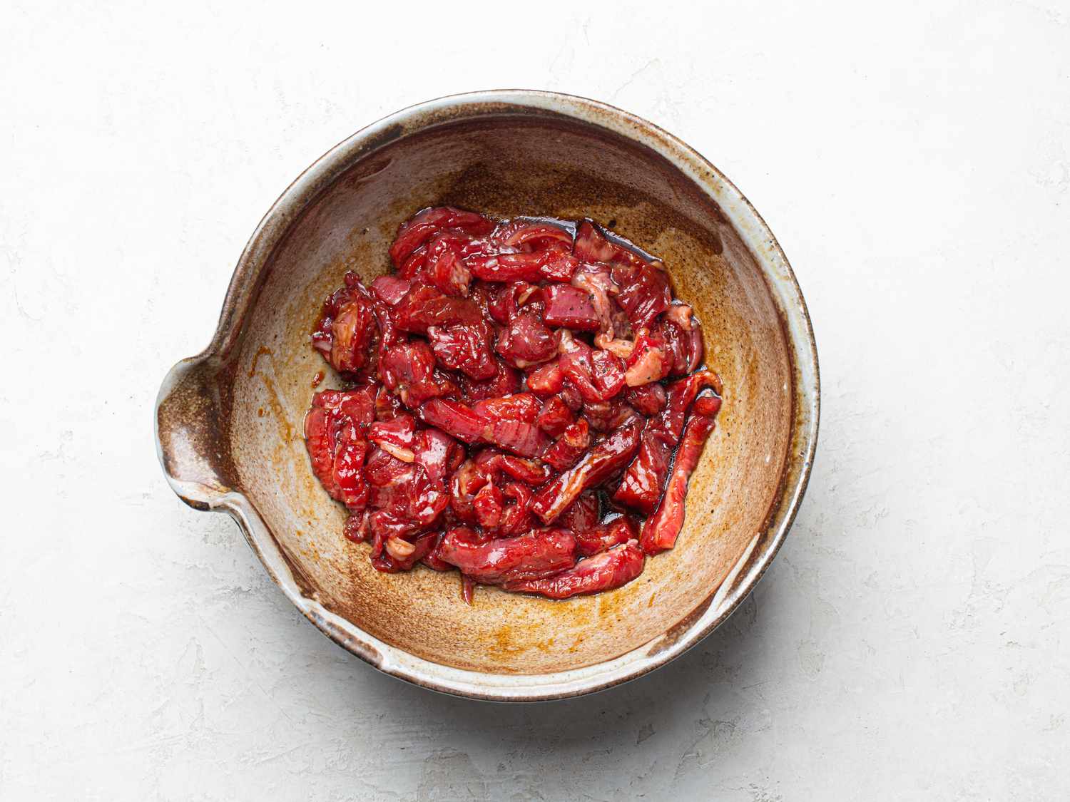 Overhead view of marinated beef 