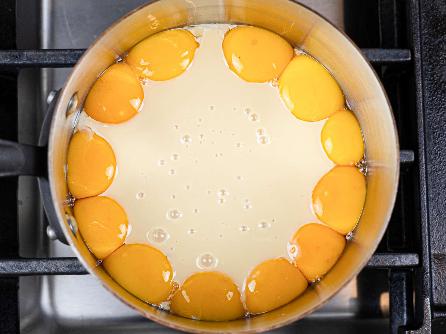 Overhead shot of eggs of in milk