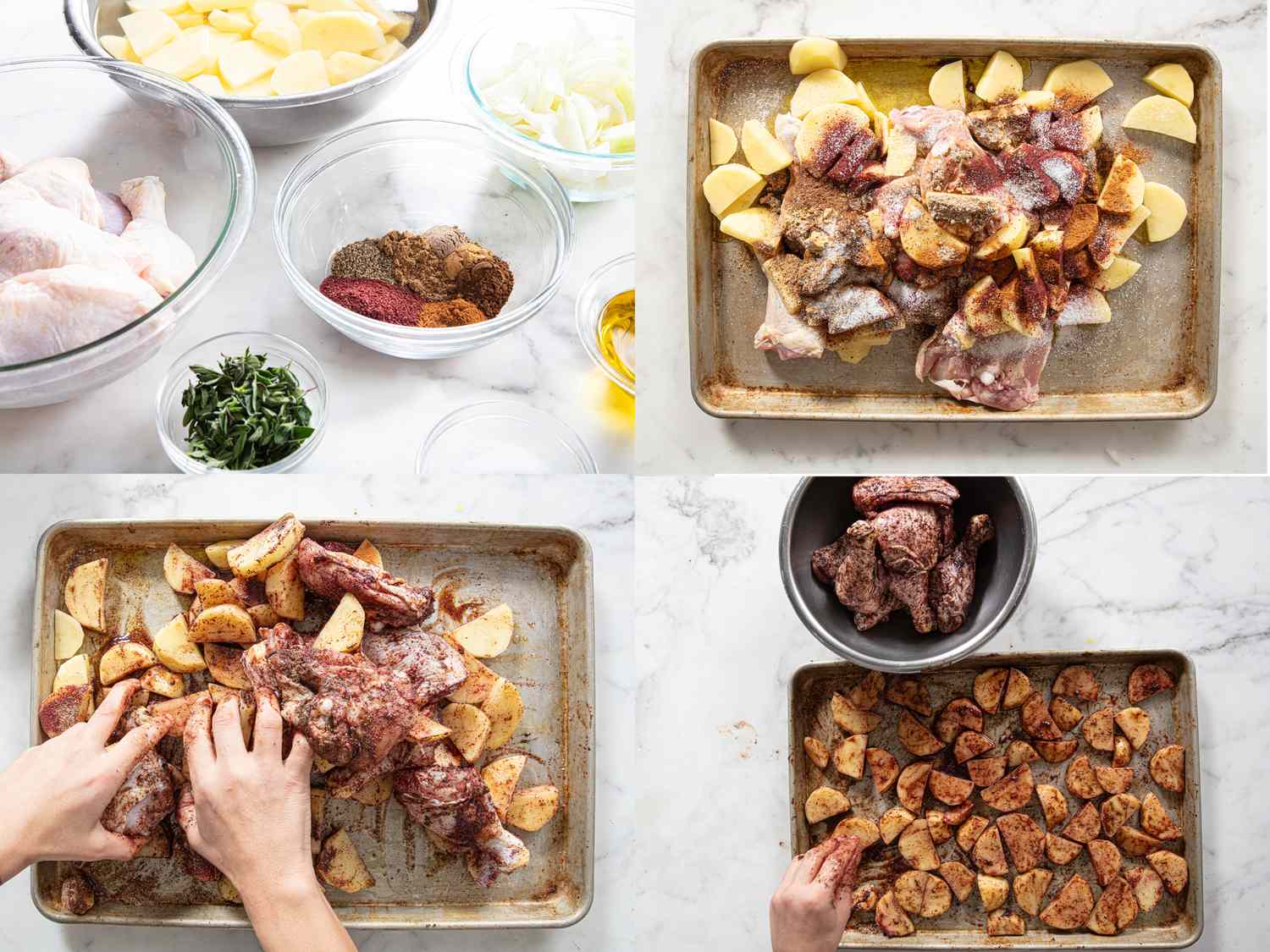 Stepbystep preparation of Musakhan chicken and potatoes on a sheet pan including ingredients seasoning and assembly before baking