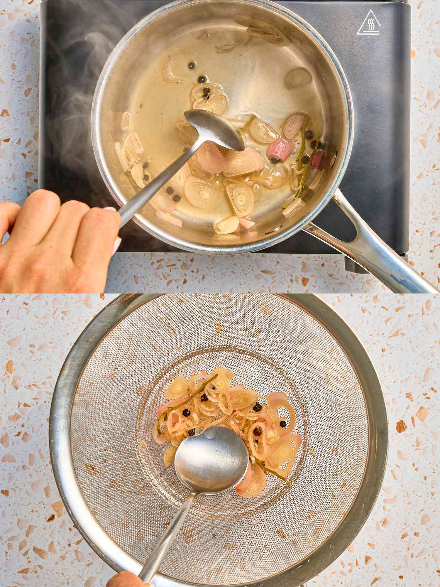 Overhead view of infusing oil wi\th shallots