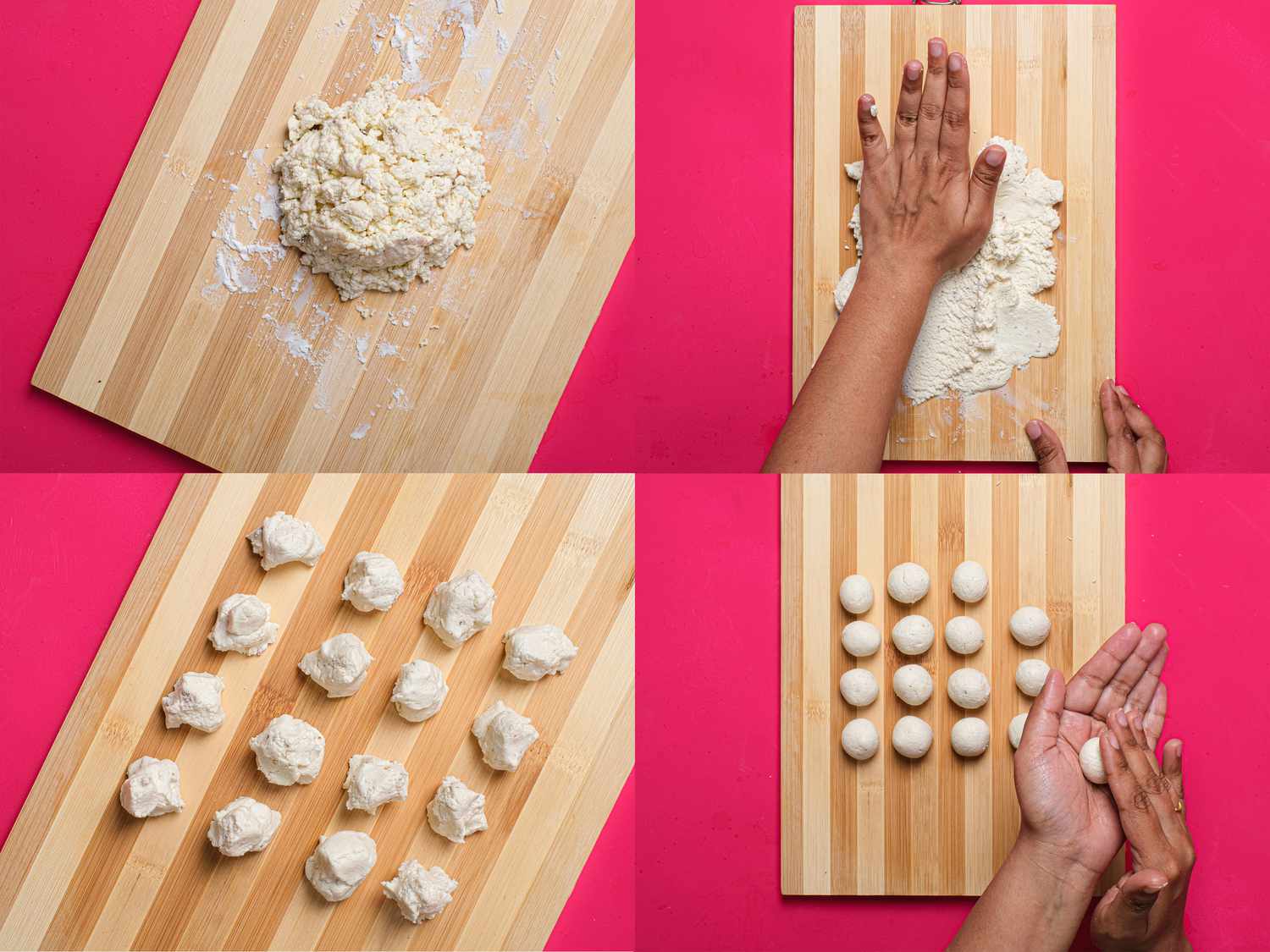 Four image collage of forming balls from rasgulla mixture