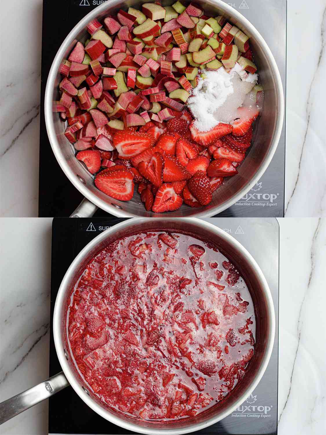 Two image collage of syrup cooking on a hot plate