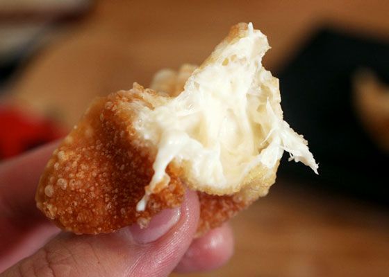 Closeup of crab rangoon with a filling of only cream cheese