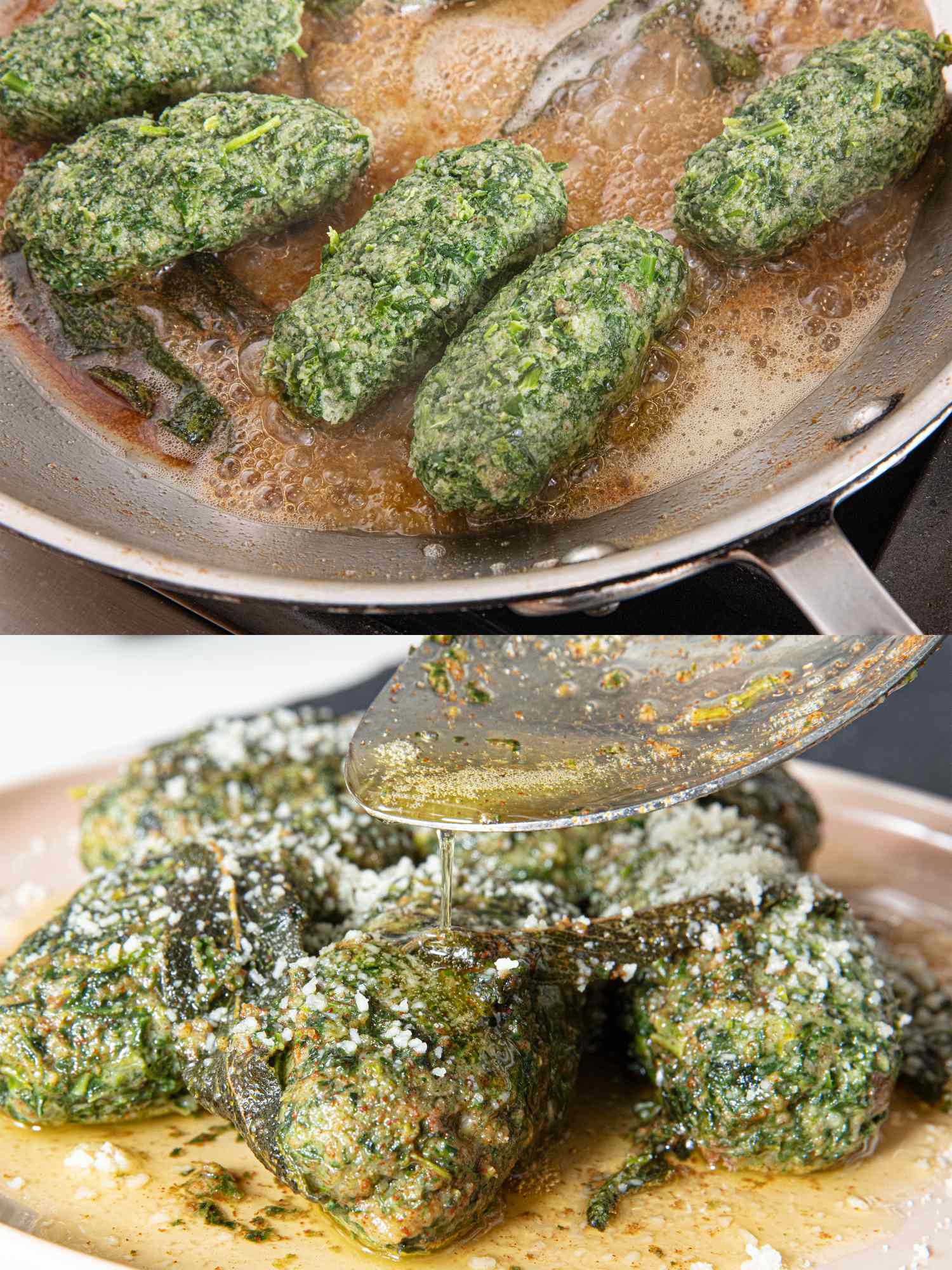A closeup of cooked green spinach dumplings in a pan and plated sprinkled with grated cheese and a spoon pouring sauce on them