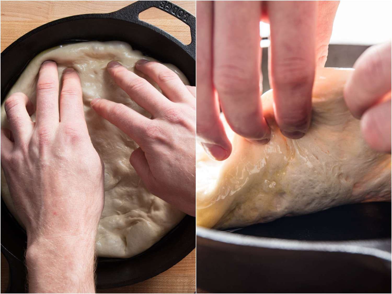 Collage of photos depicting touching up pan pizza dough before baking: docking surface with fingertips and lifting edges to release trapped air.