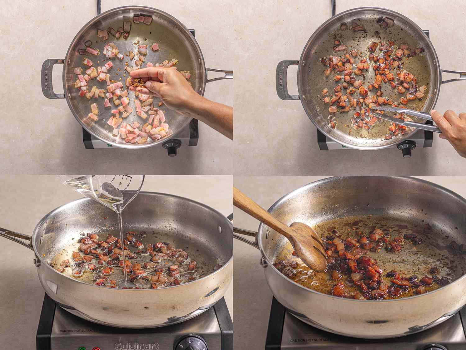 Four image collage of cooking guanciale in a pan, deglazing with wine and scraping up the bottom