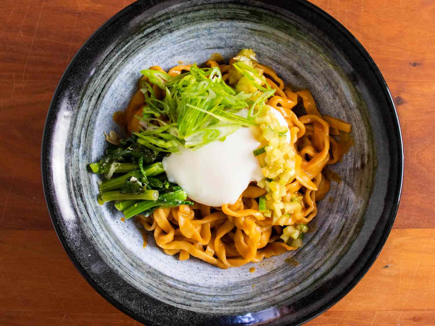 Double bean mazemen, made with chickpeas, with an onsen egg and leftover sauteed broccoli rabe