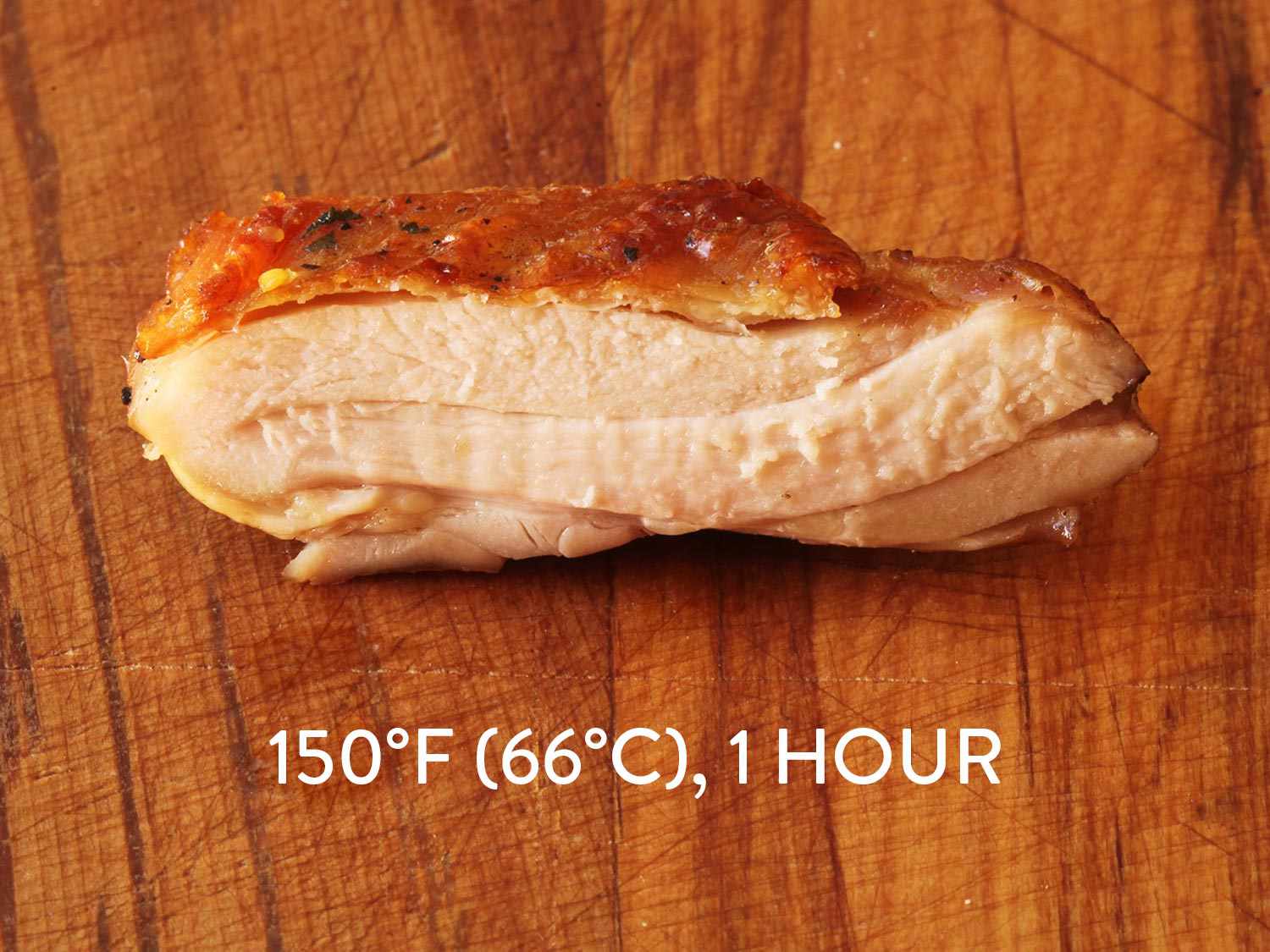 A cut of sous vide chicken cooked at 150 degrees Fahrenheit (66 degrees C) for one hour to make a very juicy and quite firm cut.