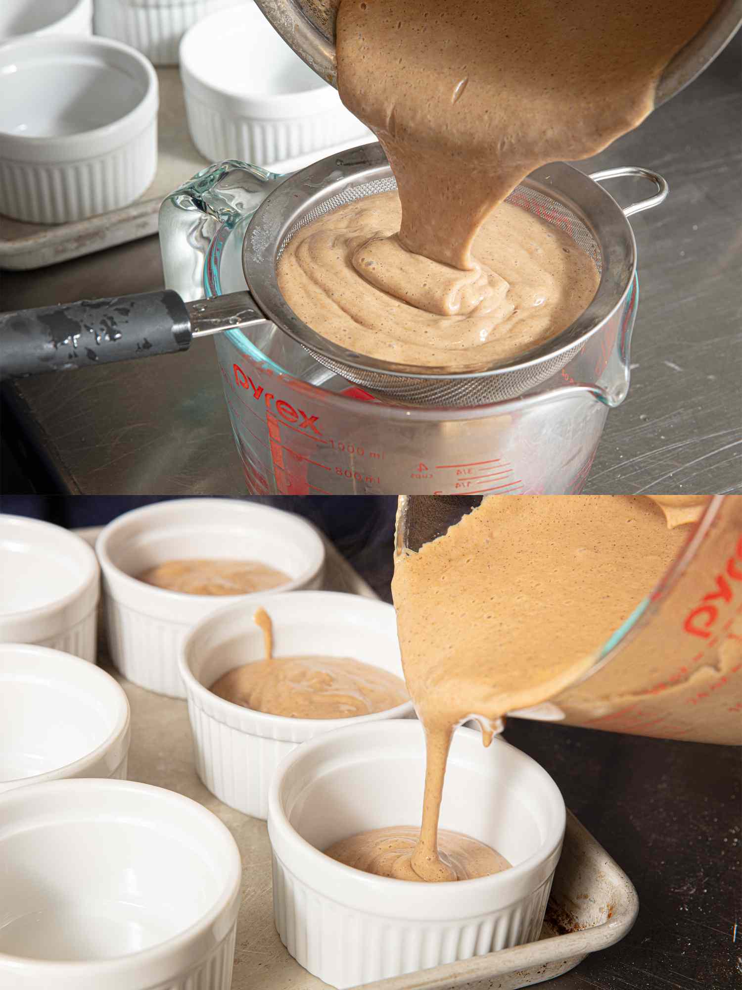Pouring pudding mixture through a strainer and then into ramekins