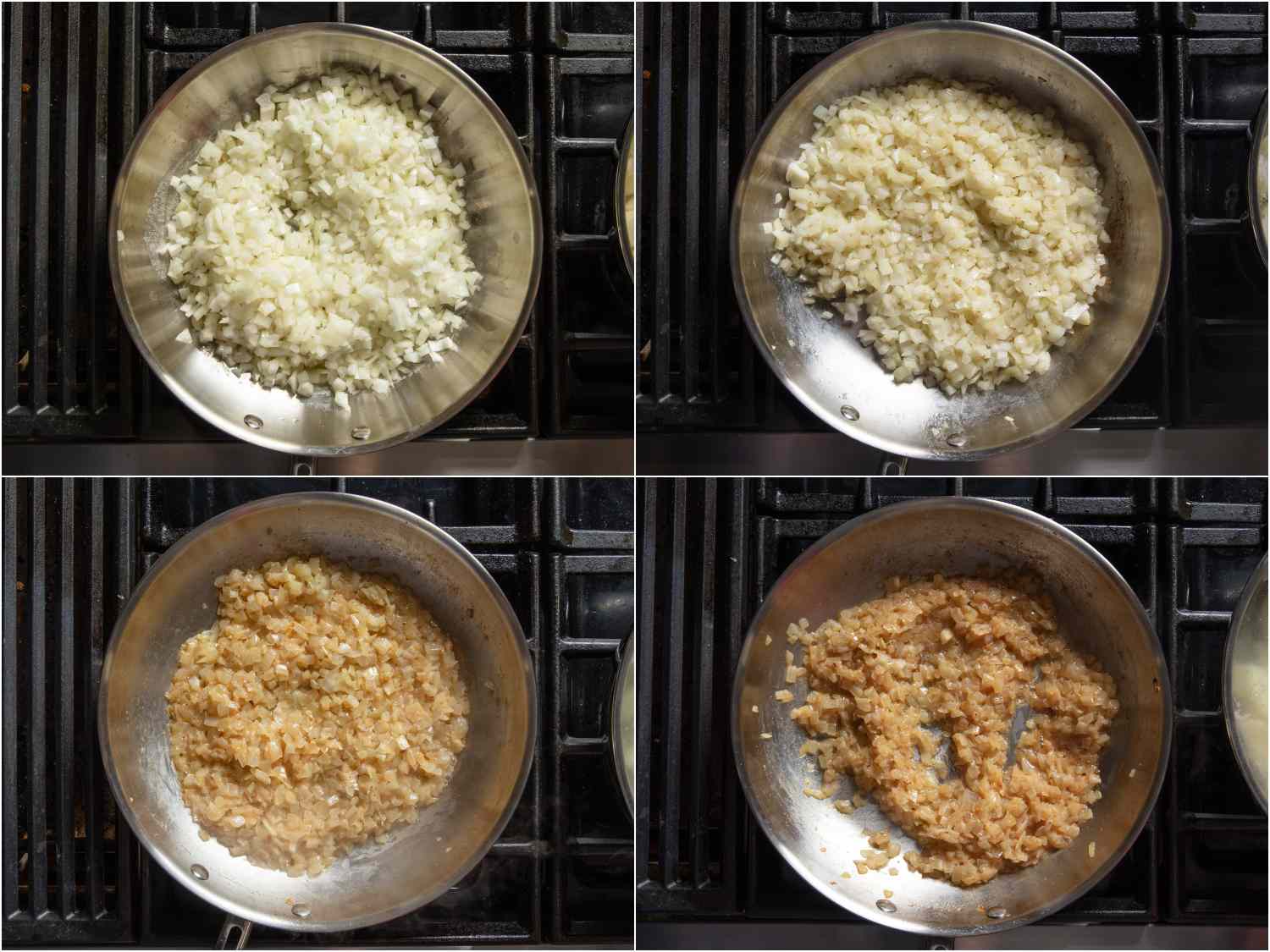 Chopped onion cooking in a skillet until light golden brown.