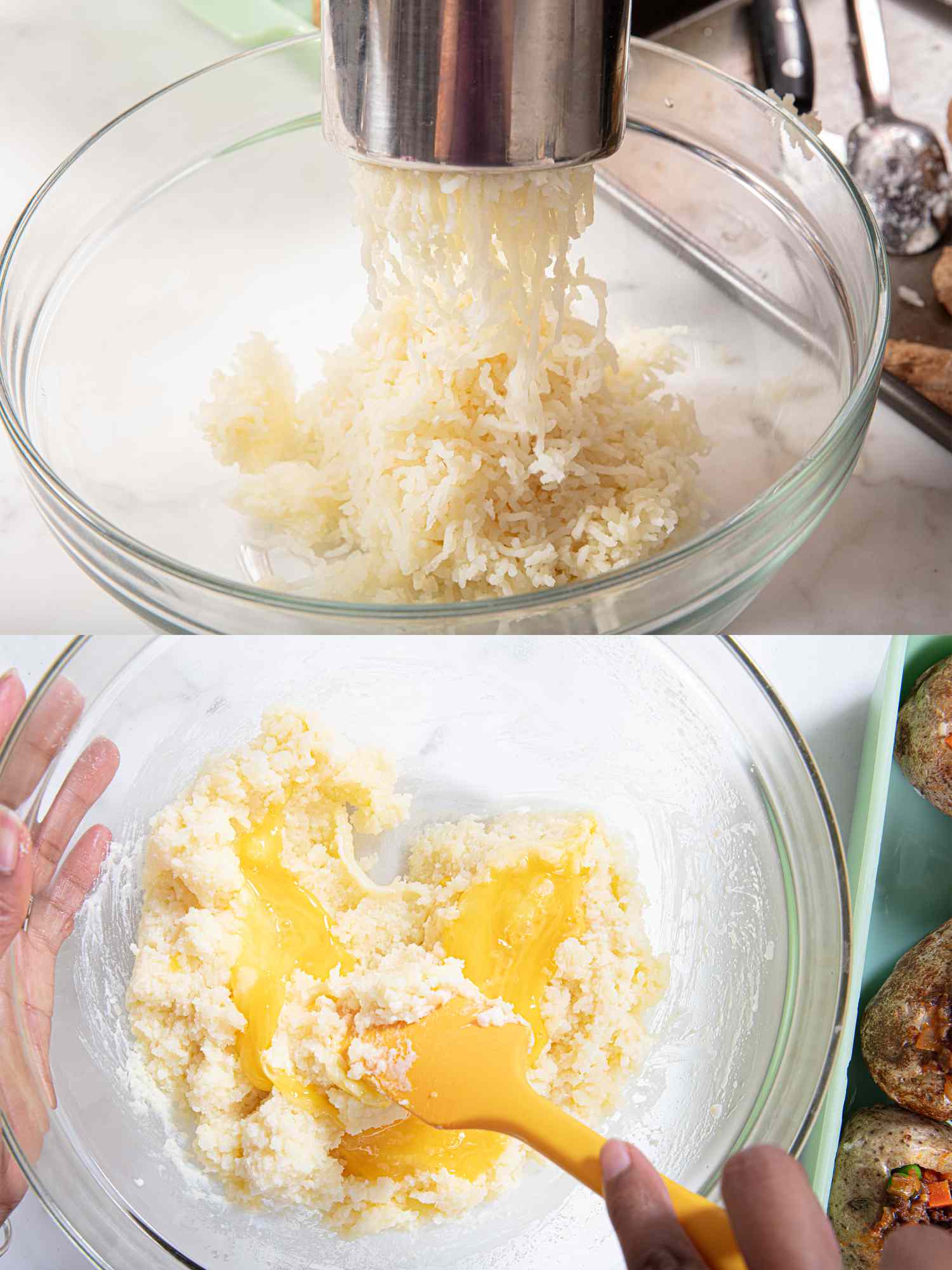 Two image collage of making duchess potatoes