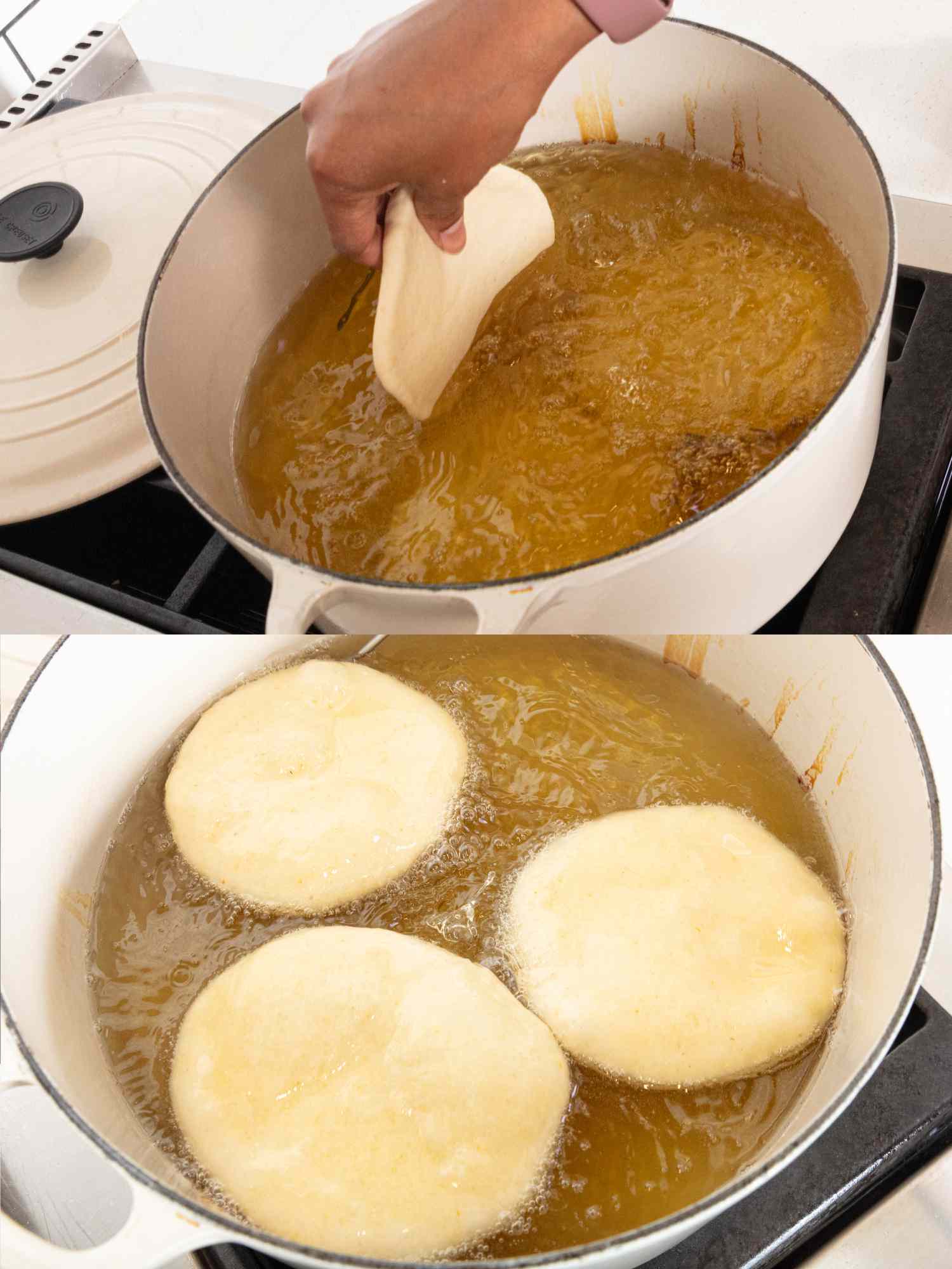 2 image collage. Top: Dipping johnny cakes in dutch oven of oil on stove top. Bottom: 3 johnny cakes frying in dutch oven of heated oil 