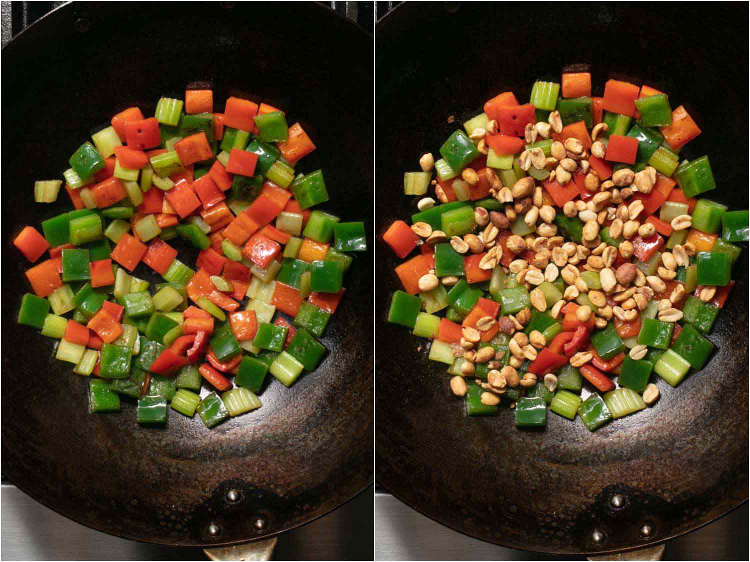 Photo collage showing stir-frying bell peppers and celery, and then adding peanuts, for takeout-style kung pao chicken.
