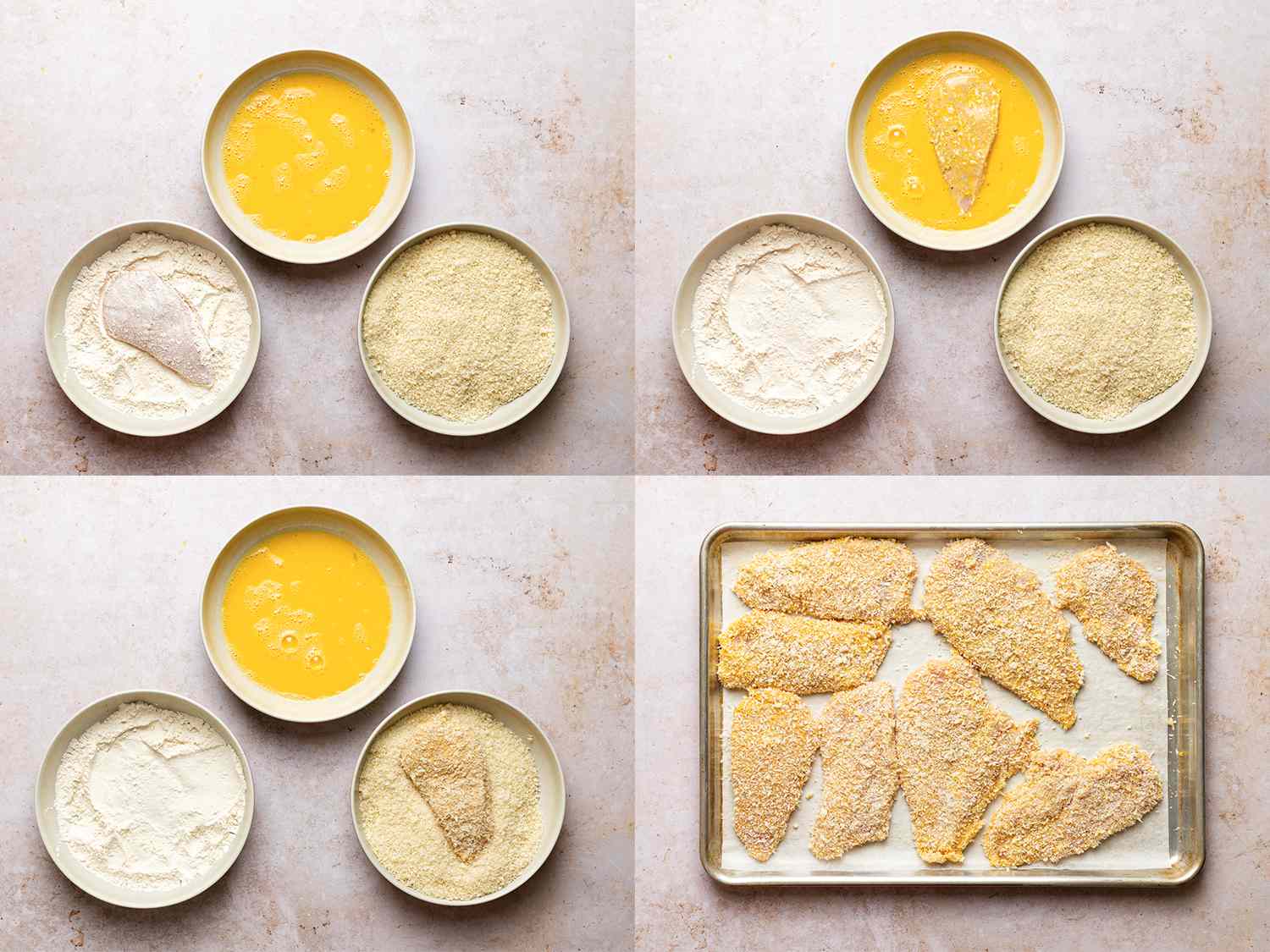 A four-image collage. The top left image shows the seasoned chicken cutlet dredged in flour inside a shallow bowl. The top right image shows the chicken cutlet now transferred to the bowl holding the beaten eggs. The bottom left image shows the cutlet now transferred to the bowl holding the parmesan and panko. The bottom right image shows a parchment paper-lined half sheet pan filled with breaded, uncooked chicken cutlets.