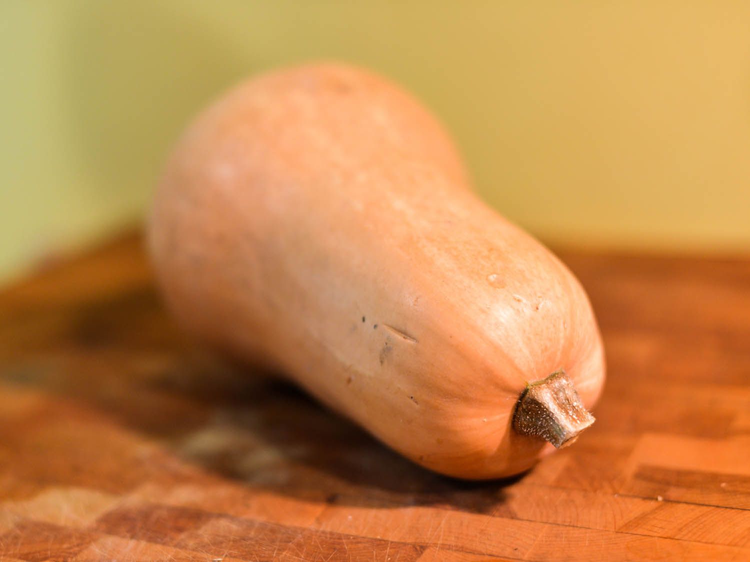 A butternut squash on a wooden cutting board. 