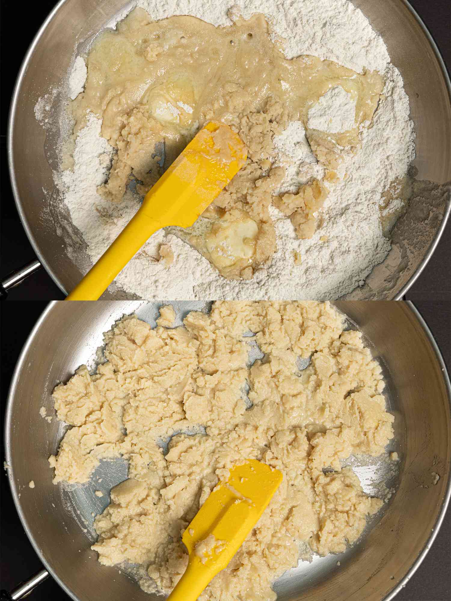 Two image collage of mixing flour and butter