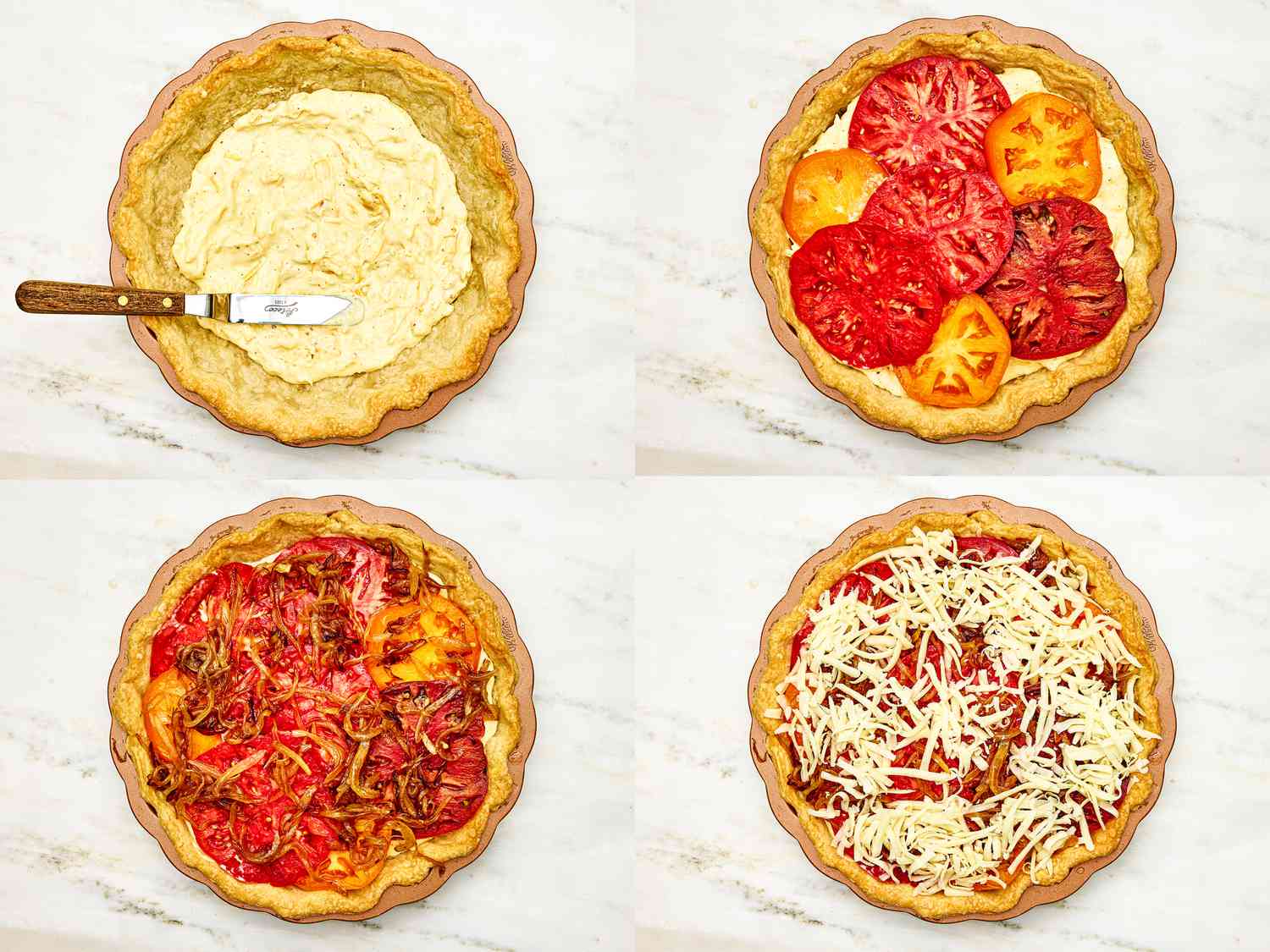 Four image collage of assembling tomato pie