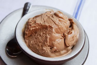 Closeup of chocolate frozen custard, served in a bowl.