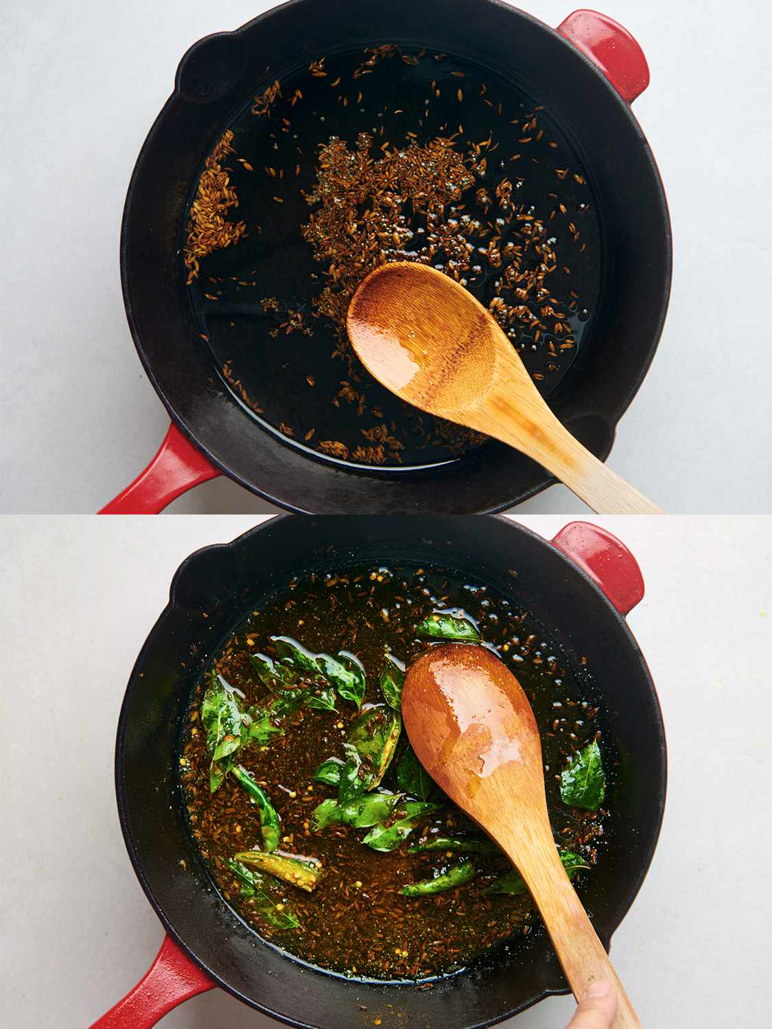 A two-image collage. The top image shows fennel, cumin, and mustard seeds being cooked in hot oil inside of a red enameled skillet. The seeds have popped due to the heat. The bottom image shows green chiles, asafoetida, turmeric powder, and curry leaves stirred into mustard, cumin, and fennel in the skillet
