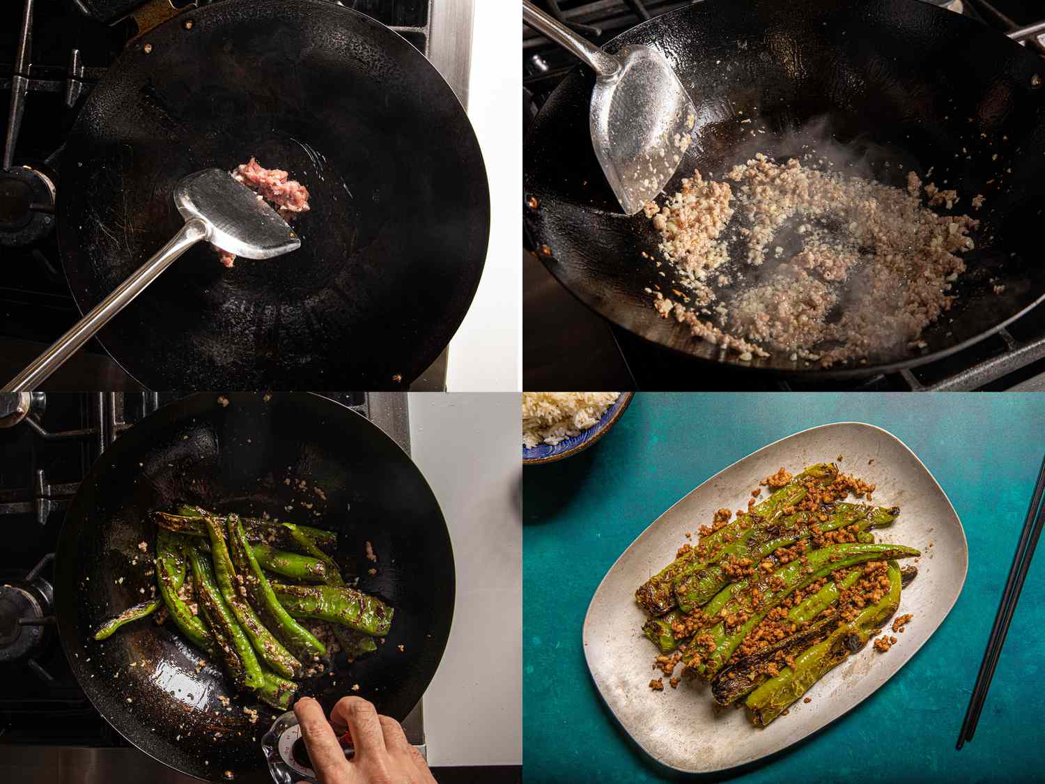 A collage showing the sequence of stir-frying the pork (if using), then adding the garlic, the peppers, and finally the finished peppers on a serving plate