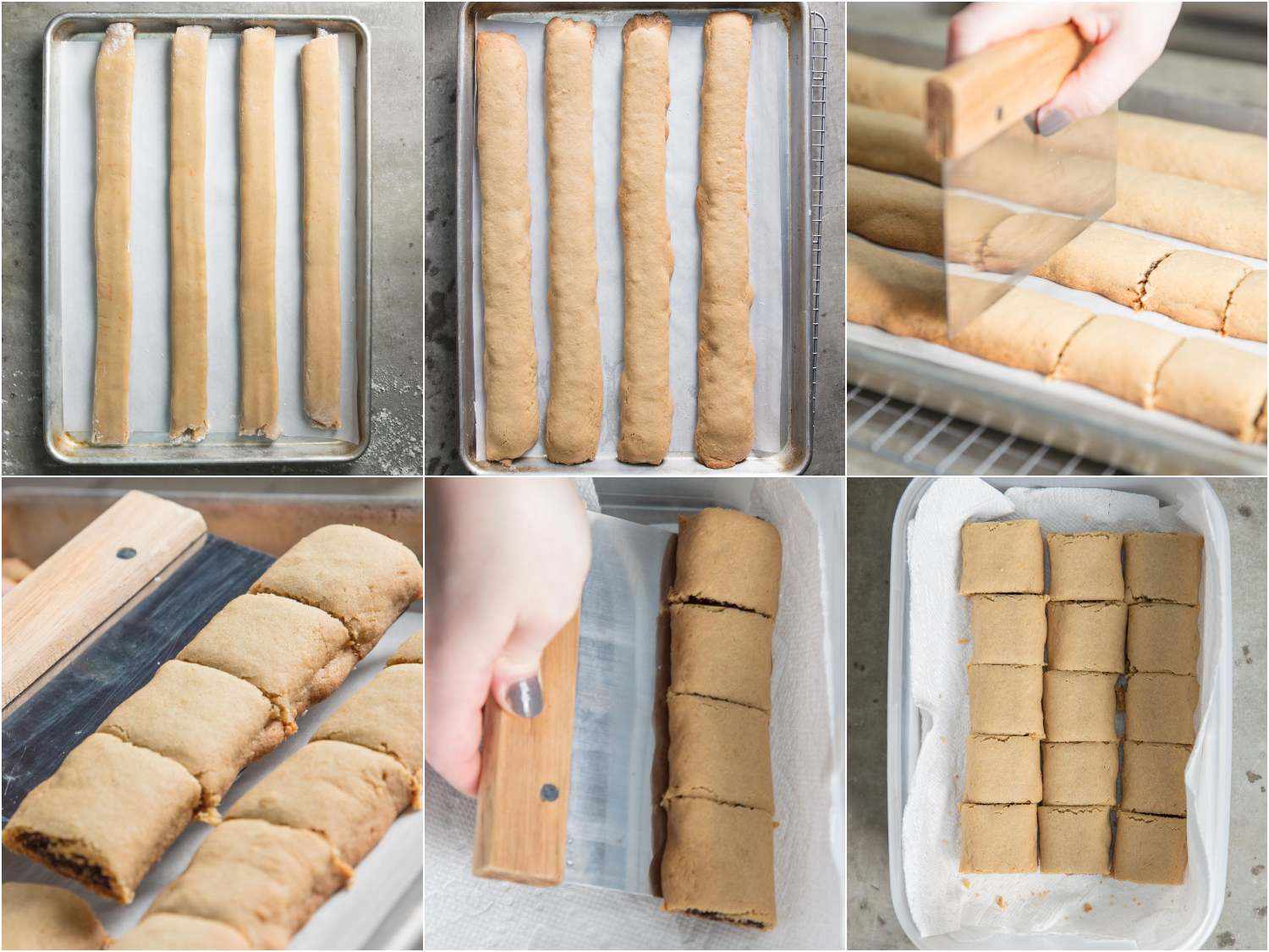 A 6-image collage of homemade fig newtons being baked, cut, and packaged in a box lined with paper towel to absorb moisture. 
