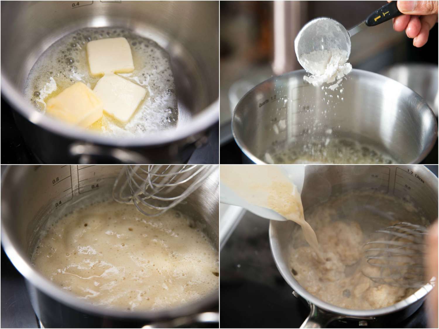 Collage of stages of making mushroom sauce. 