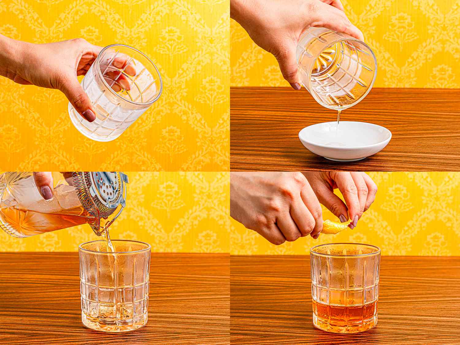 Four image collage of swirling class with absinthe, pouring off absinthe, adding rye mixture and twisting a lemon