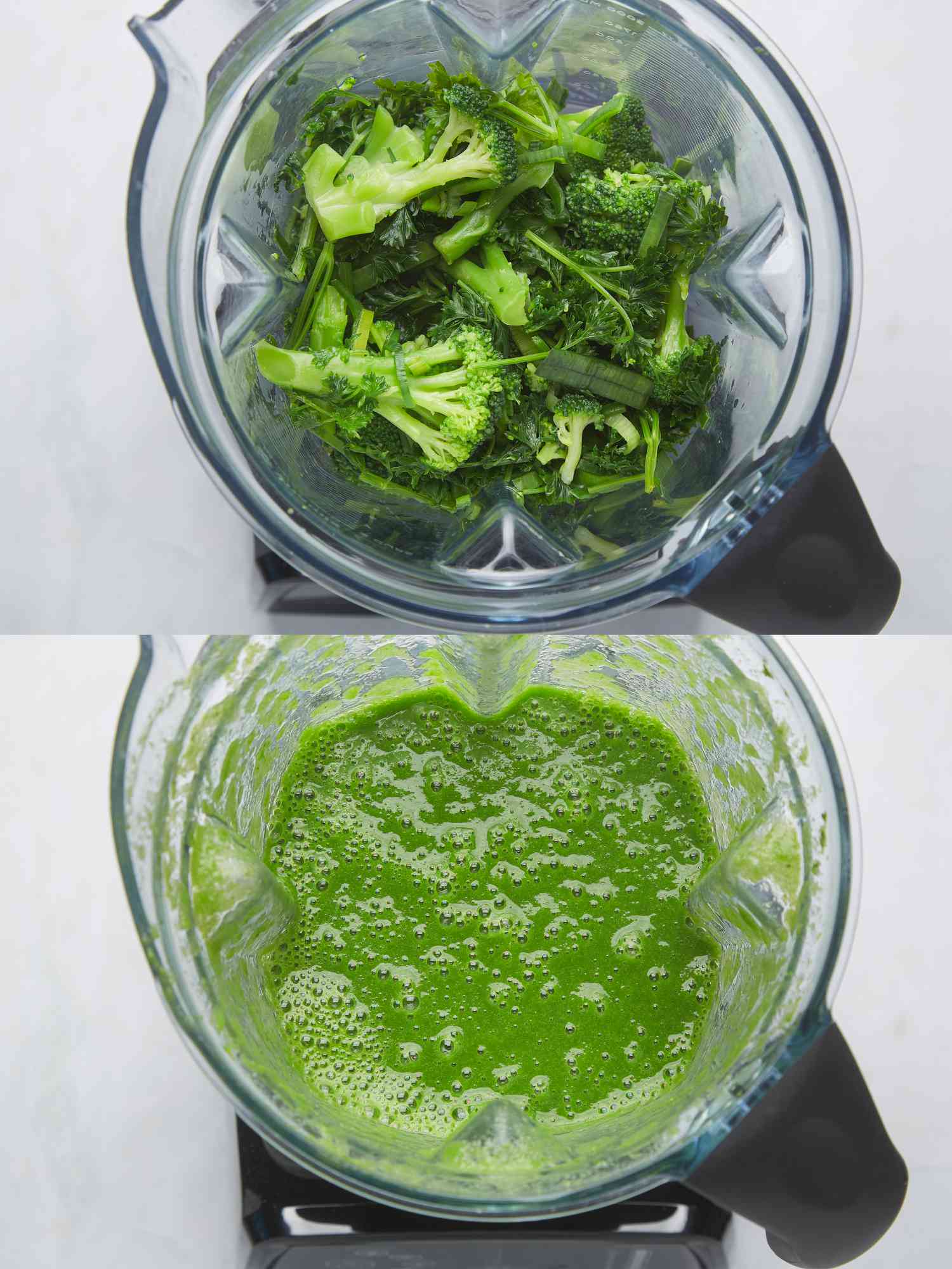 2 Image Collage: Top: Broccoli in a blender. Bottom: Broccoli after blended with water