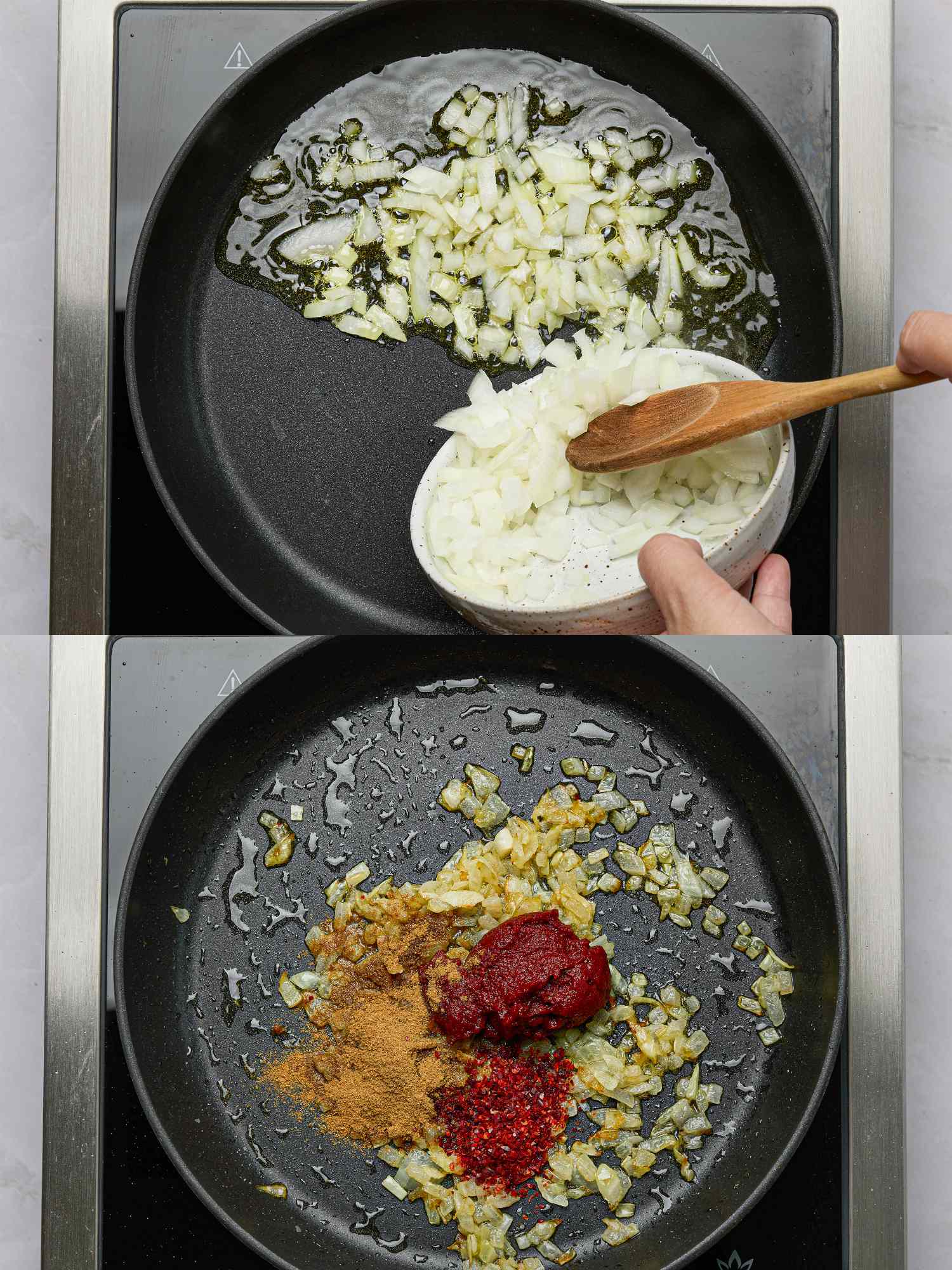 Cooking process showing onions being added to a pan and spices being mixed with them in sequence