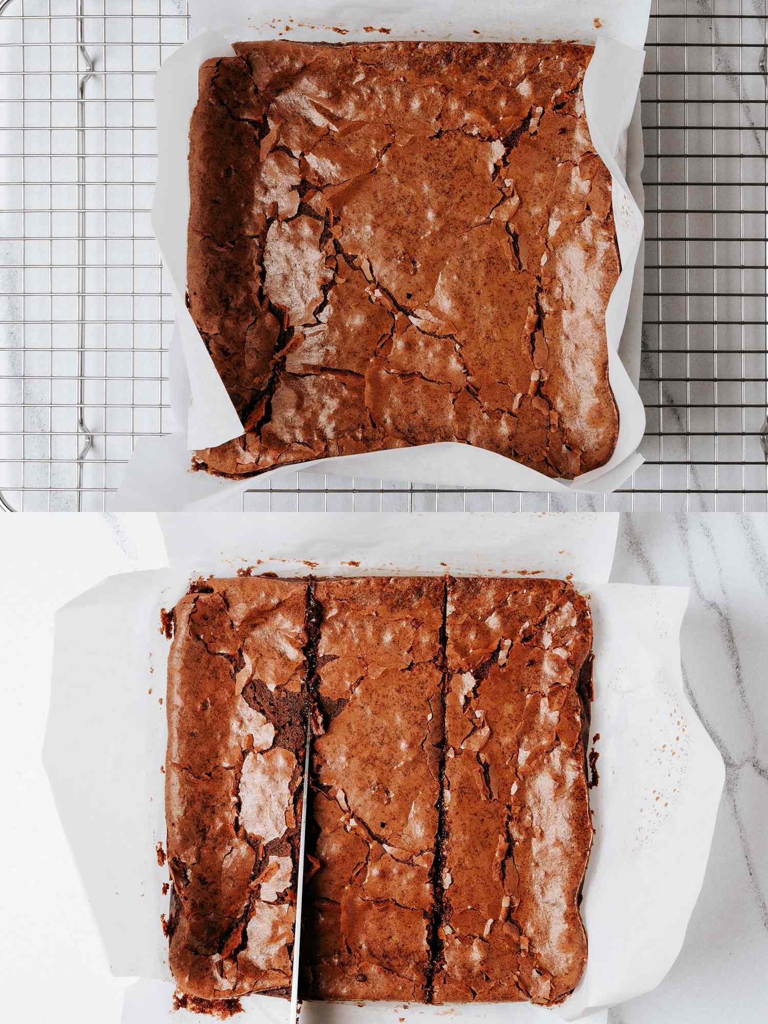 A batch of brownies on parchment paper one whole and another partially cut with a knife