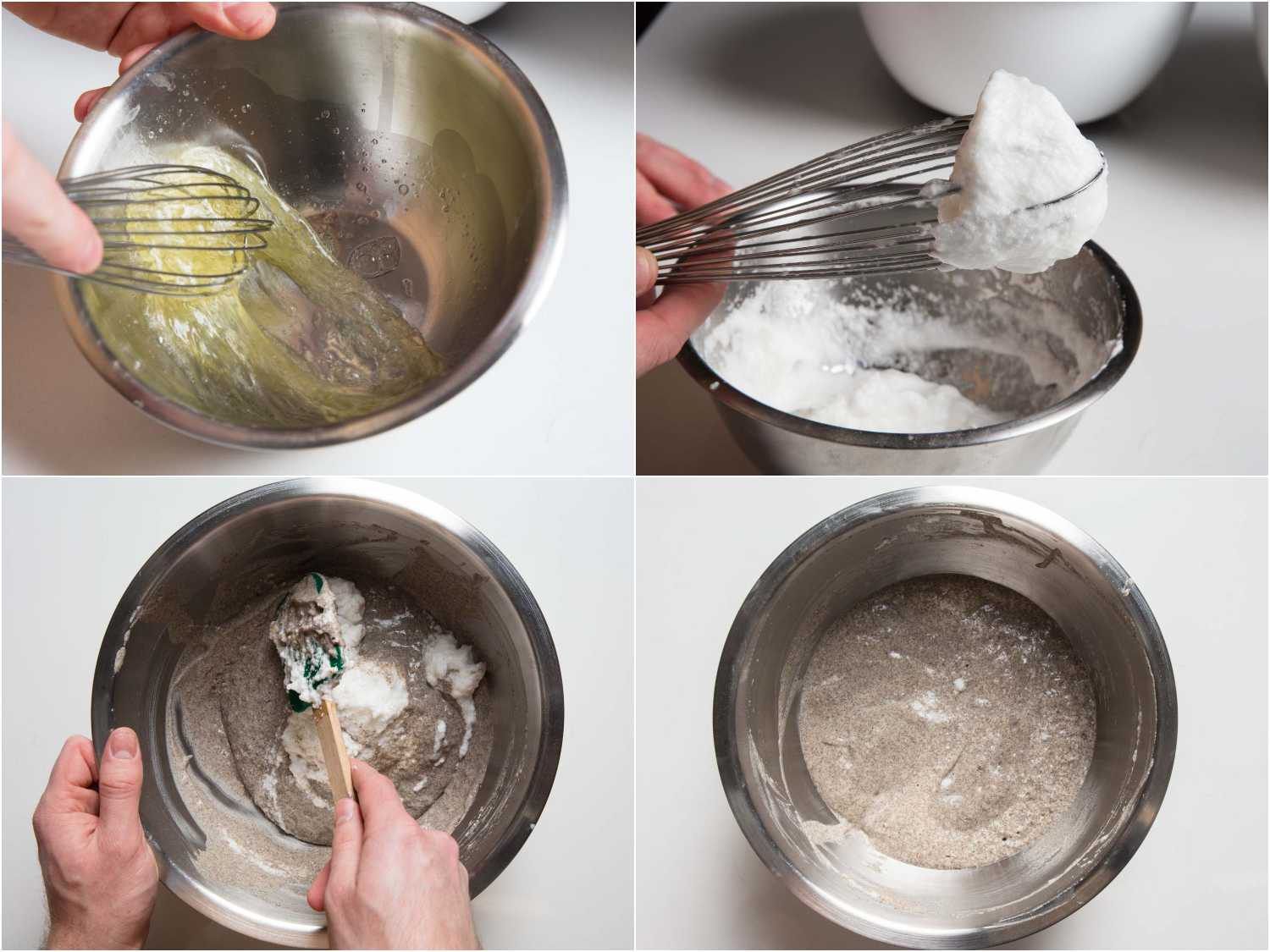 A collage: whisking egg whites to stiff peak and folding egg whites into buckwheat blini batter until combined.