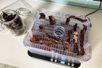 Nesco Digital 5 Rectangular Dehydrator with meat slices and a jar of jerky nearby