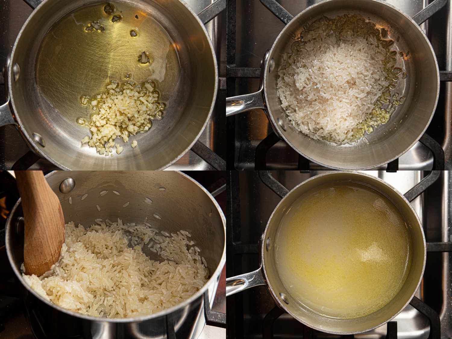 Four image collage of adding garlic, rice, and stock to a pan to cook rice