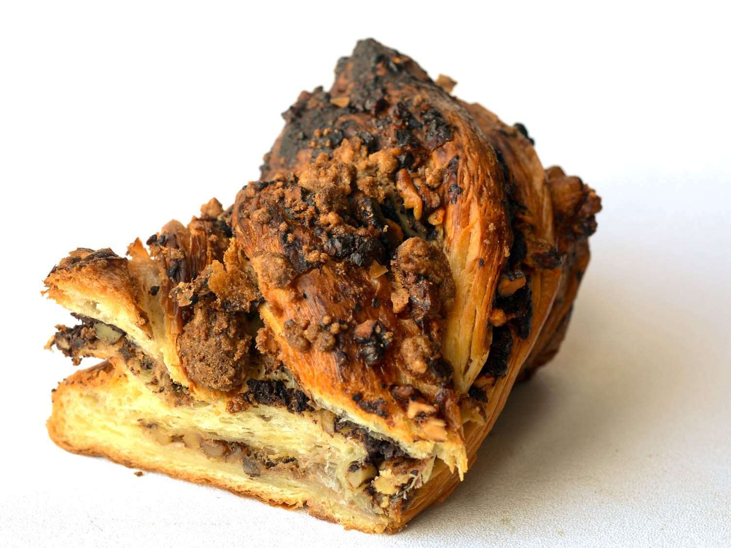 Cross section of croissant-like chocolate babka.