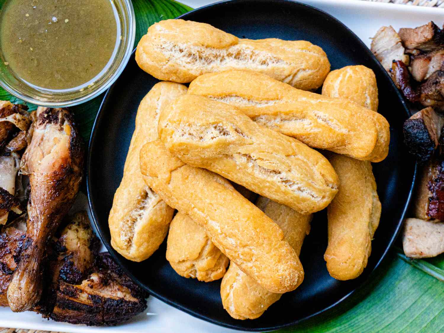 Overhead view of festivals served with jerk chicken