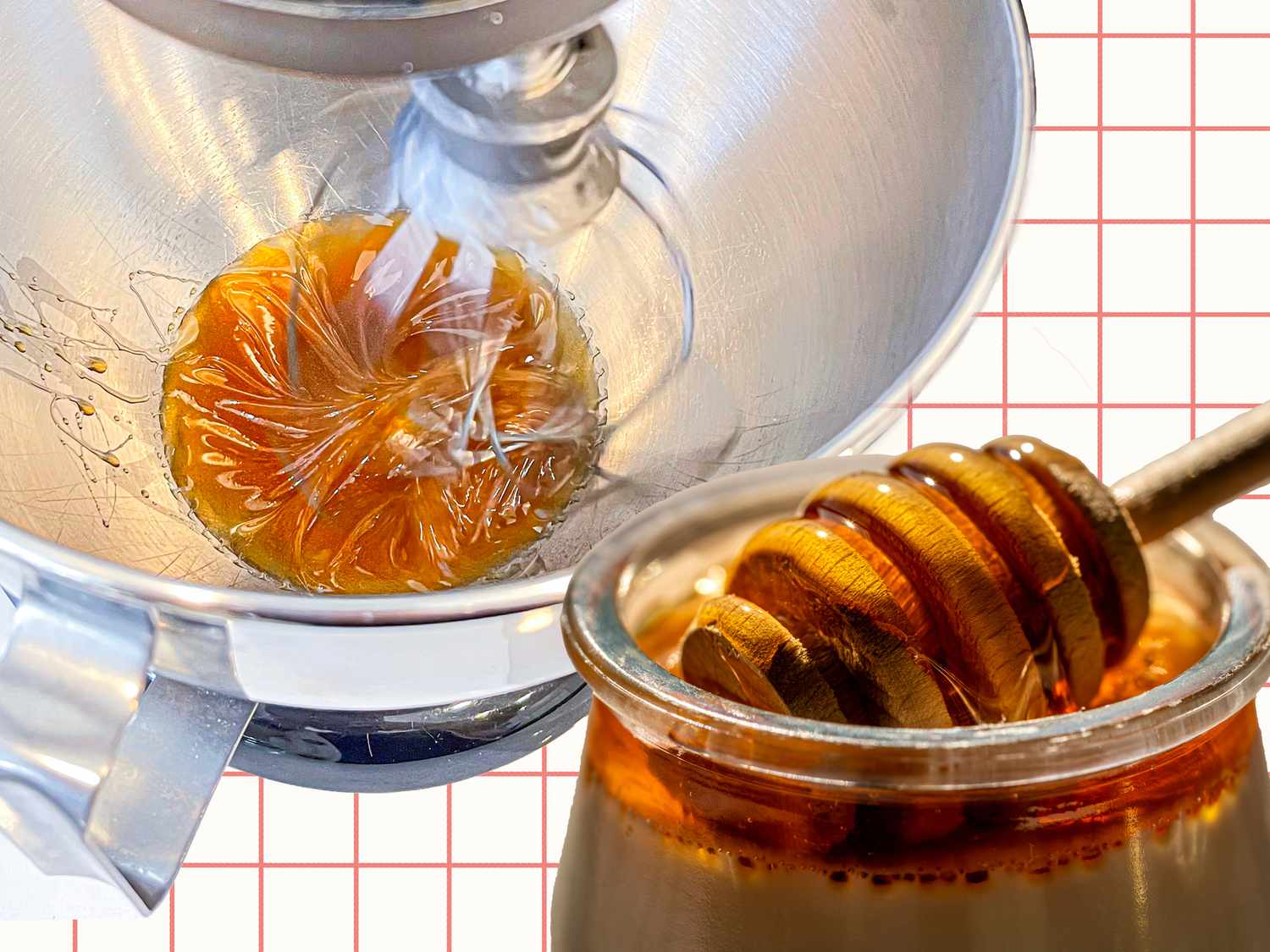 A stand mixer whipping honey next to a jar of honey. 