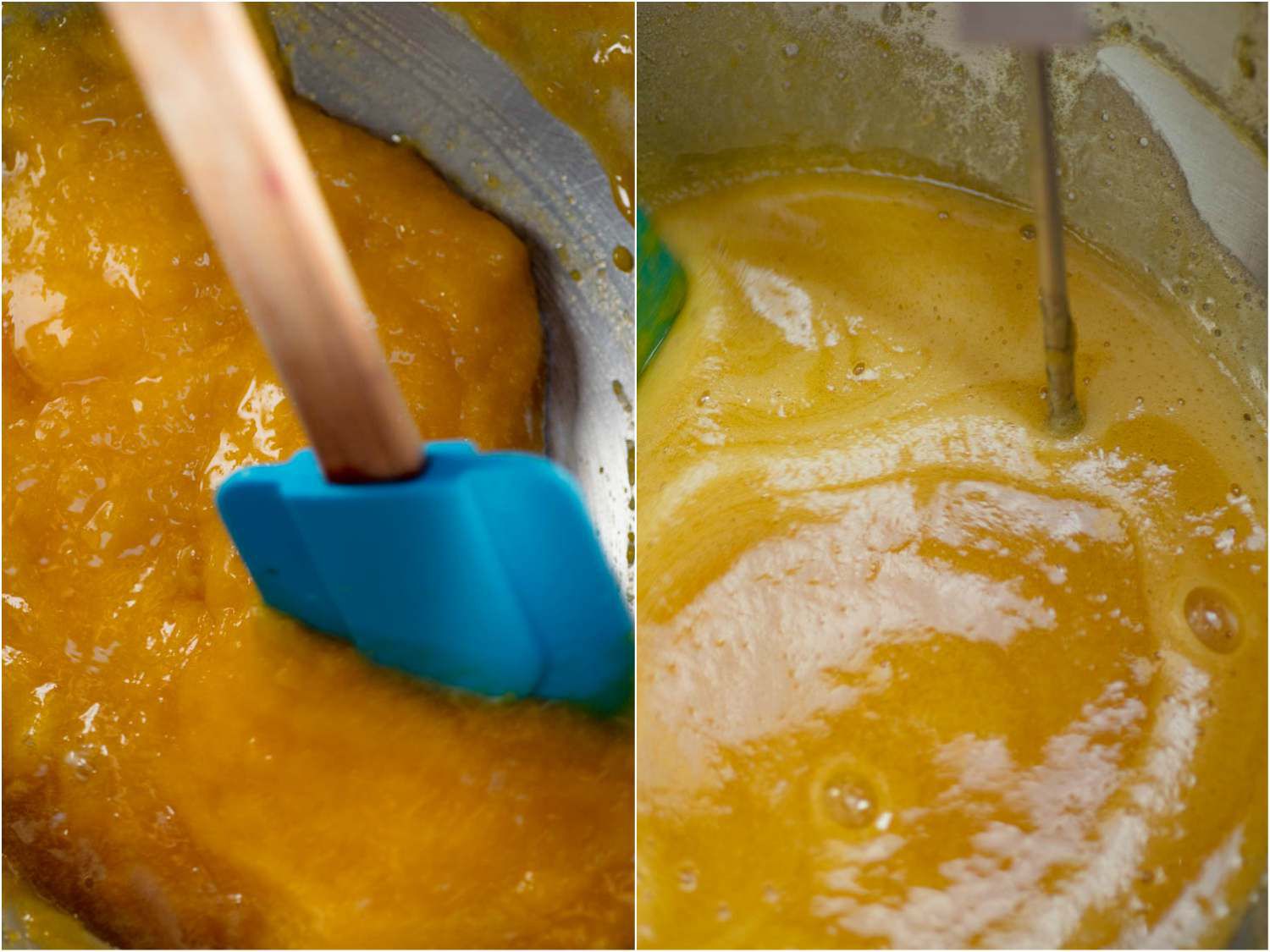 Side by side photos of stirring egg yolk mixture and checking the temperature.