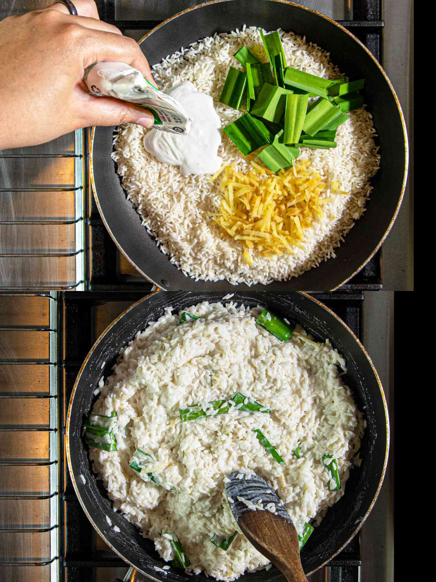 Overhead view of rice with pandan leaves, ginger, and coconut milk added to skillet and stirring rice
