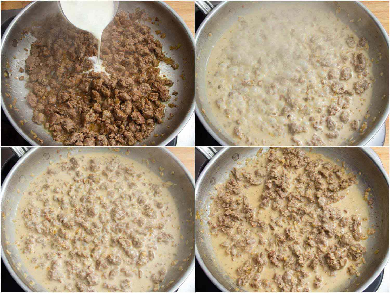 A four image collage. The top left shows cream being added to the sausage mixture. The top right shows the meat and cream mixture simmering on a skillet. The bottom left shows the mixture cooking down and thickening. The bottom right show the heat turned down to prevent over-reducing of the mixture. 