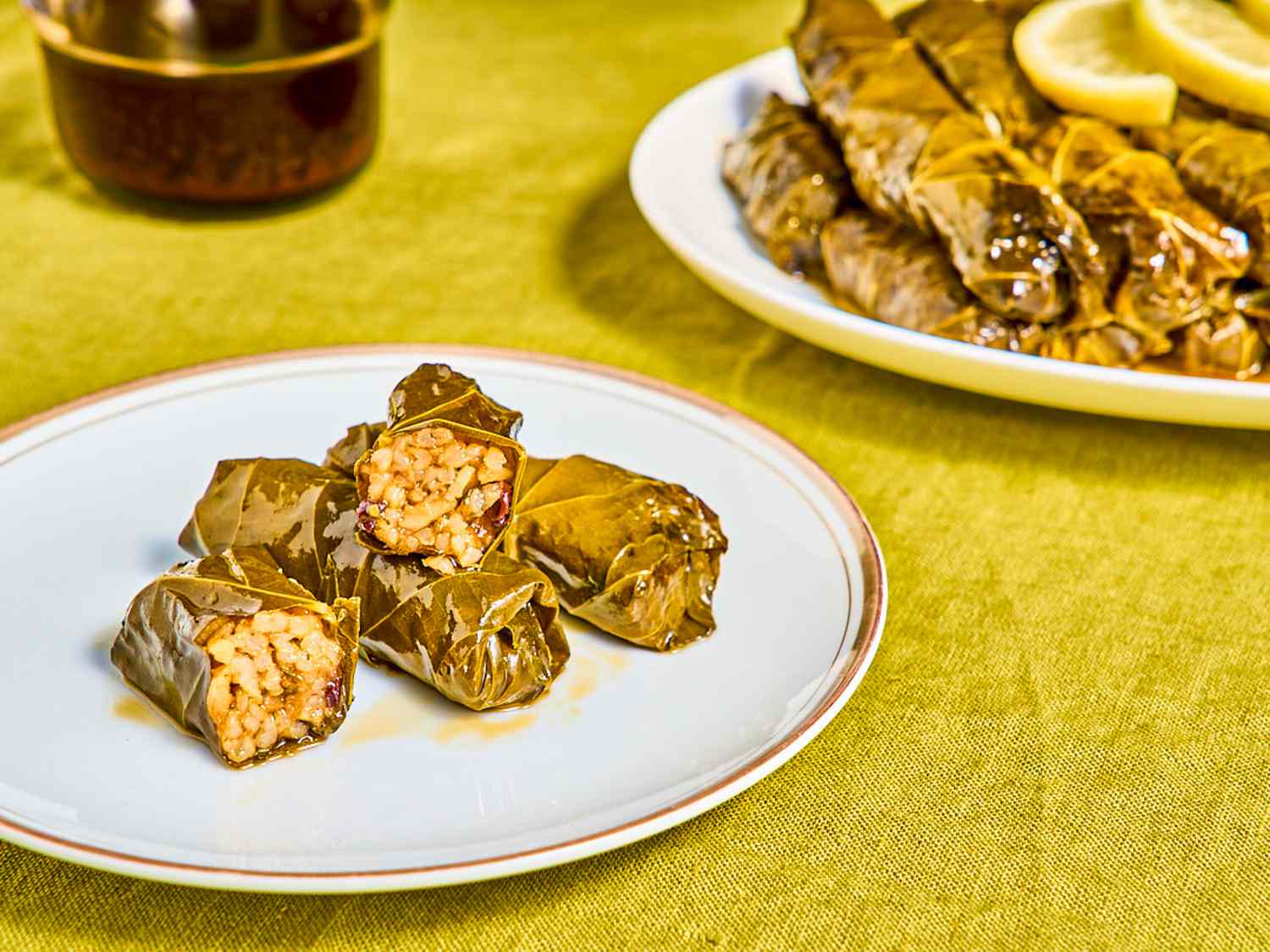Armenian stuffed grape leaves served up on plate