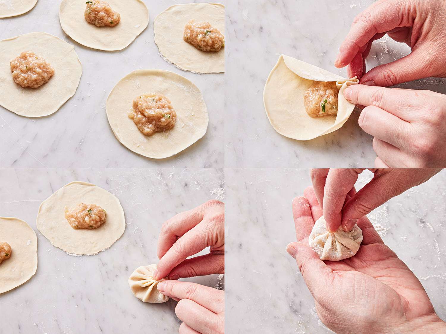 Four image collage of an overhead view showing how to properly fold the edges of the dumplings around the filling and twist at the end