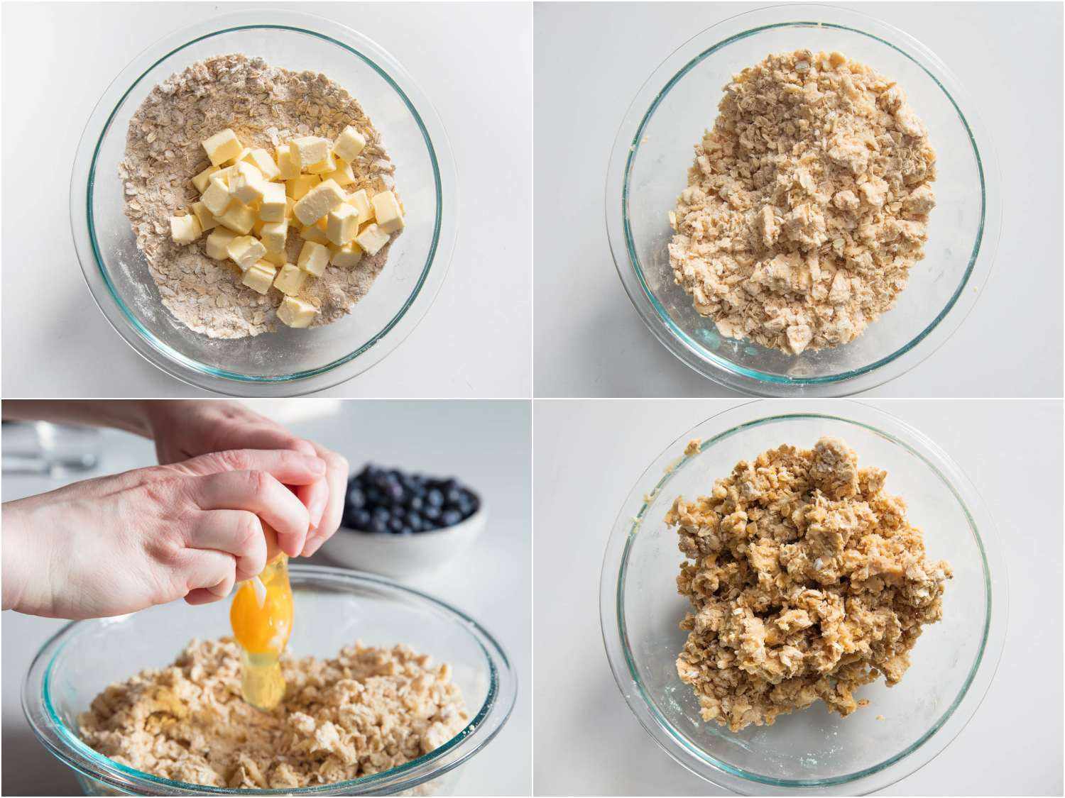 A collage: adding and folding butter into flour/oatmeal mixture; adding an egg; combining all of the ingredients to form a soft dough.