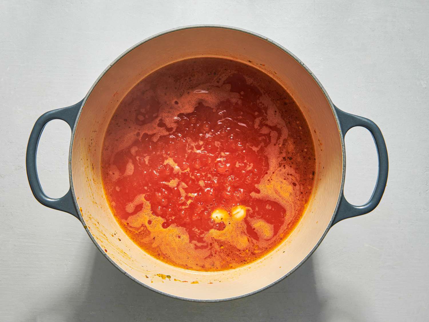 Overhead view of braising liquid