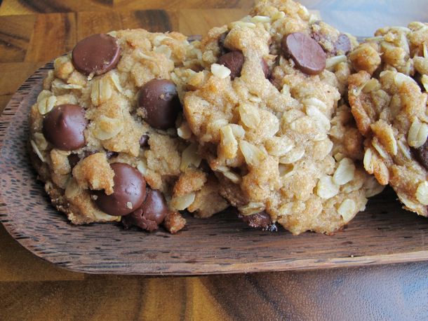Close-up of vegan oatmeal chocolate chip cookies.