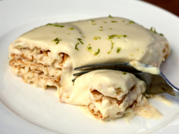 Digging into a slice of 10-Minute Lime Cracker Pie with a fork