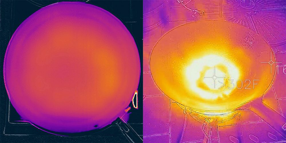 Thermal photos of a wok and western skillet, side by side