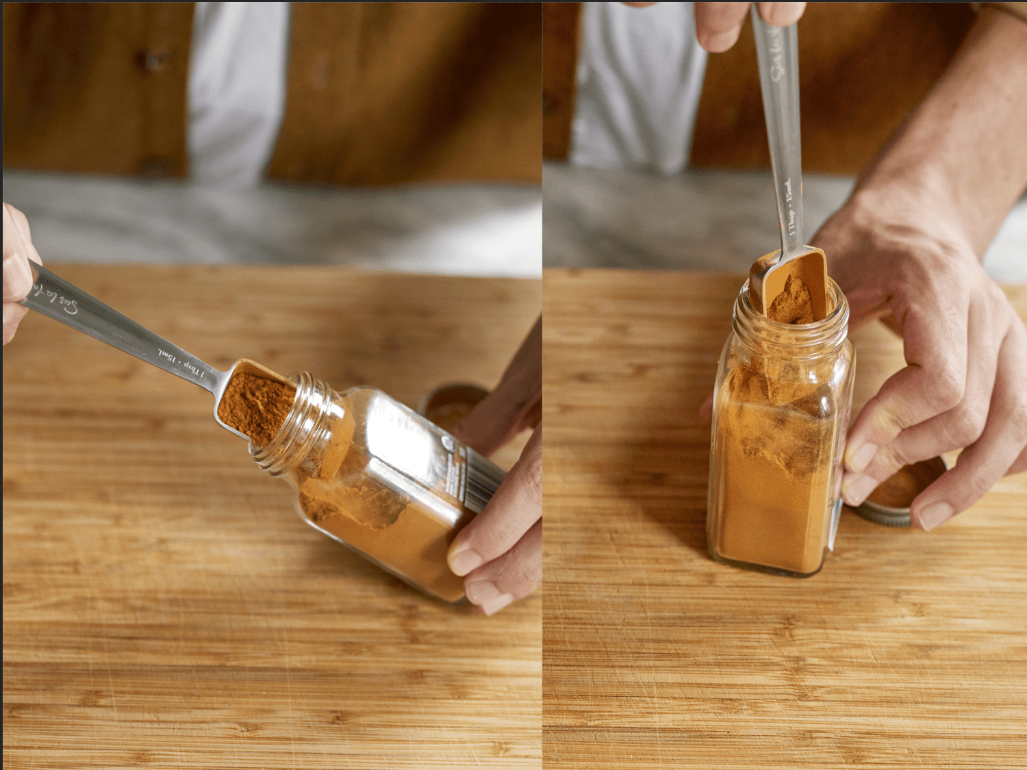 a collage of a rectangular measuring spoon scooping spices out of a spice jar