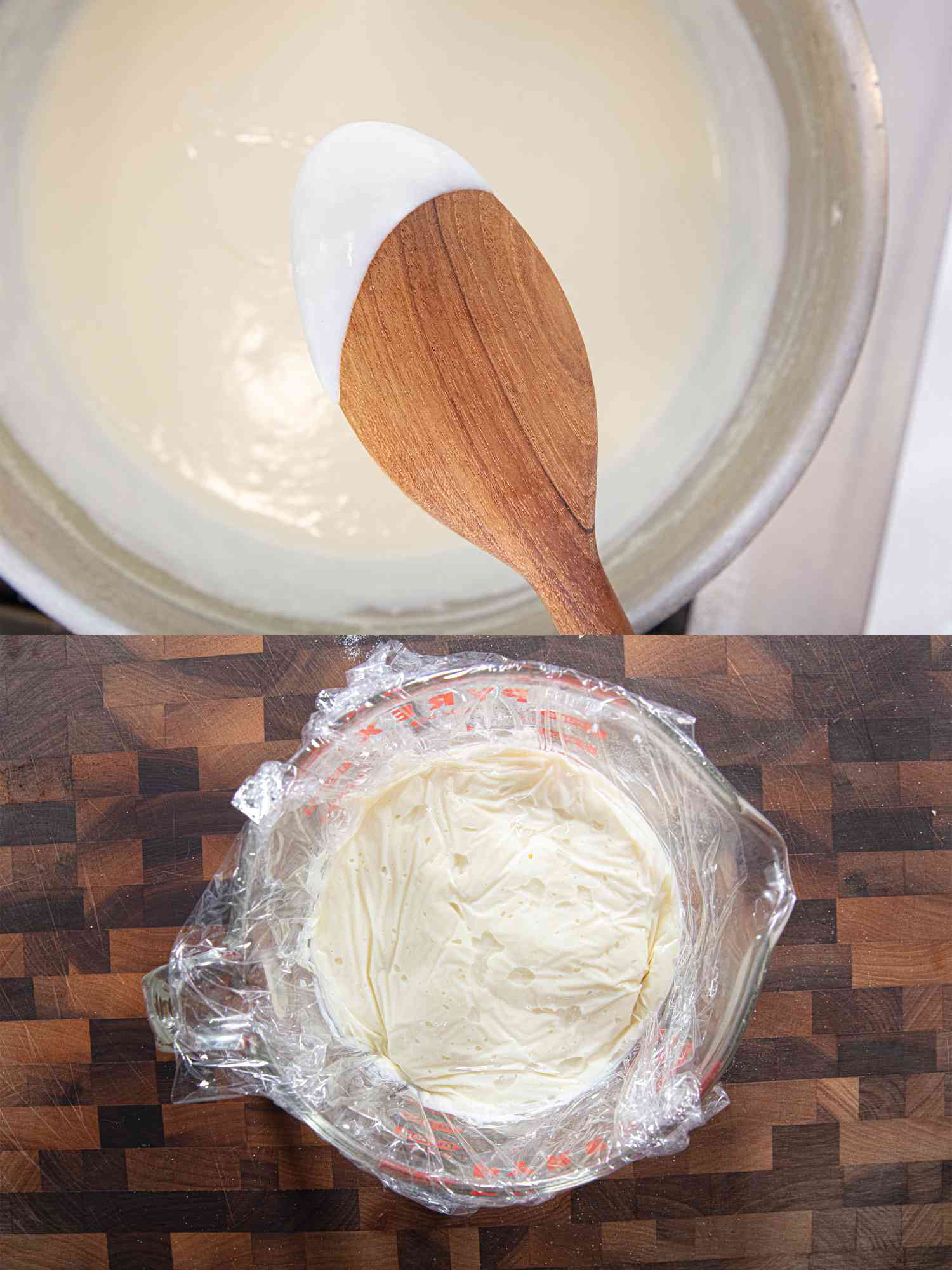 Two image collage of sauce saucing back of spoon and wrapped in plastic wrap