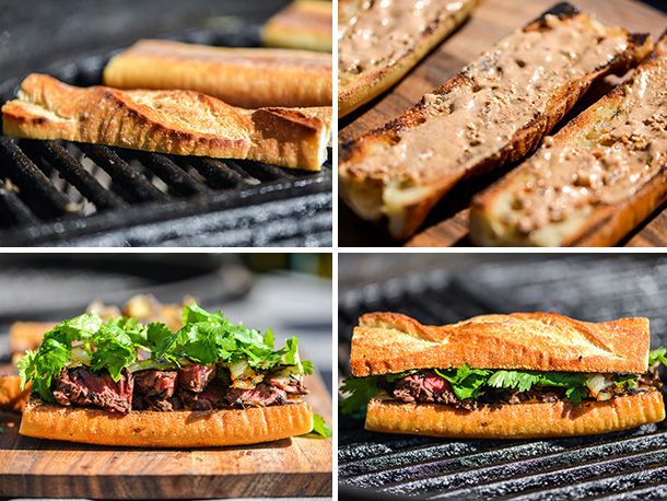 Collage of baguette halves on grill, cotija mayo slathered on baguette halves, and partially assembled and fully assembled sandwich on grill