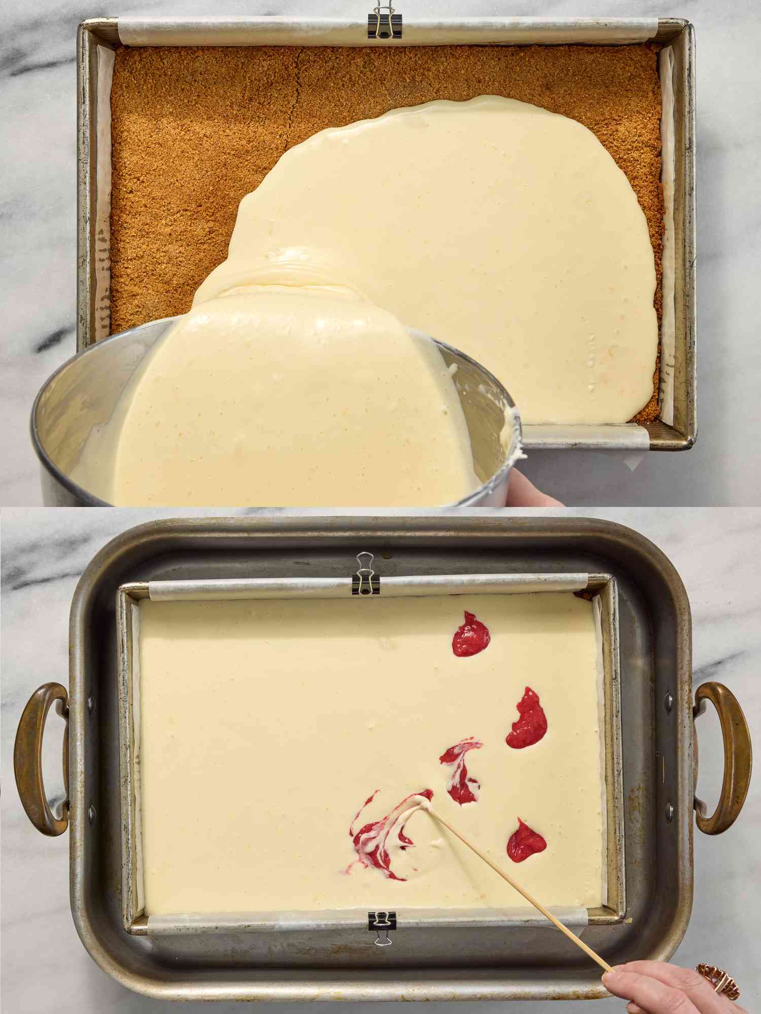 2 image collage. Top: Pouring mixture into pan with crust. Bottom: carefully swirling strawberries into cheesecake 
